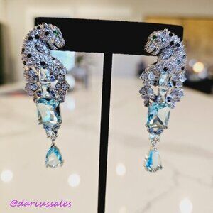 925 Sterling Silver Leopard and Sea Blue CZ Drop Earrings